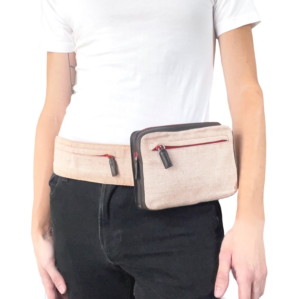 Prada red white canvas leather trim Velcro unisex waist bag